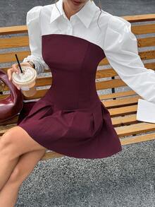 Siren Gaze Women's Business Commuter Fake Two-Piece Shirt Dress Elegant Commuter Color Block Pleated Hem Mini Dress Christmas Outfit For Women Christmas Dress New Year Dress Casual Dress For Women Red Dress For Women Spring - Multicolor - View 2
