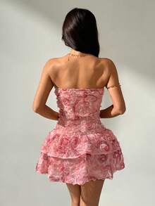 Rafferiza Romantic Tie Dye Embroidered Rose Peplum Bustier Mini Dress For Party, Birthday, Valentine's Day, Date Night - Pink - View 2