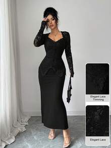 Modelyn Square Neck Lace Patchwork Button Waist Fitted Midi Dress For Women - Black - View 5