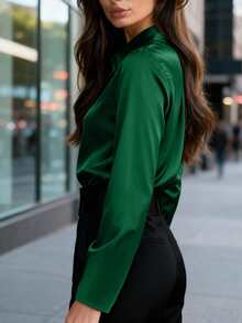 Balvessa 女士酒红色缎面衬衫，高品质上衣，春秋季 - 墨綠色 - 查看 4