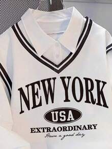 INAWLY 大码“纽约”字母图案翻领运动休闲卫衣，学院风上衣 - 白色 - 查看 6