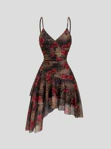 Sweetra Romantic Leopard Print Rose Floral Sheer Asymmetric Hem Dress For Women, Essential For Dates, Spring/Summer - Multicolor - View 1