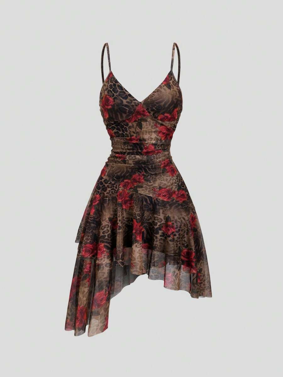 Sweetra Romantic Leopard Print Rose Floral Sheer Asymmetric Hem Dress For Women, Essential For Dates, Spring/Summer - Multicolor - View 1