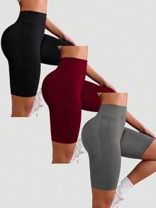Velisys Velisys 3pcs/Set Celana Pendek Olahraga Wanita Warna Polos Pinggang Tinggi Tanpa Jahitan - MultiWarna - View 2
