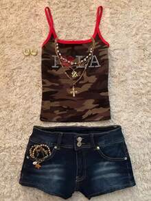 Glimmora 女士数码印花撞色滚边细肩带无袖迷彩吊带衫 - 彩色 - 查看 1