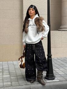 SHEIN EZwear 女士休闲简约米兰图案白色连帽运动衫，宽松版型，厚保暖内衬，适合秋冬季，长袖上衣 - 白色 - 查看 5