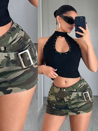 Jeanoix Minifalda de mezclilla con estampado de camuflaje elástico estilo Y2K para mujeres