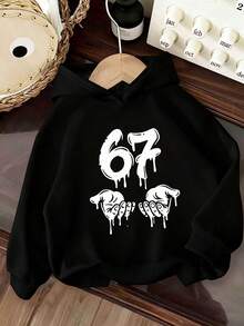 Áo nỉ dài tay có mũ dành cho bé trai tuổi teen, kiểu dáng đường phố, in số 67, thoải mái, phù hợp cho các hoạt động ngoài trời và thể thao, màu đen. - màu đen - Xem 3