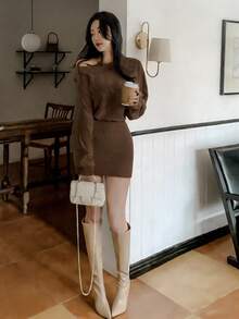 DAZY 女士露肩/斜肩修身迷你连衣裙，秋冬季款 - 棕色 - 查看 2