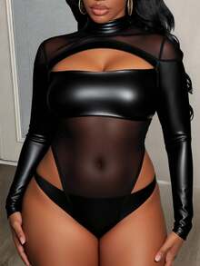 Slaydiva New Spring/Summer Music Festival Valentine's Day Casual Simple Basic Style Y2K Street Sweet Internet Celebrity Bestsellers Daily Date Hot Girl Style Sexy Casual Basic Style Small Stand-Up Collar Long-Sleeved, Cut-Out Front Chest See-Through Mesh Patchwork PU Jumpsuit - Black - View 10