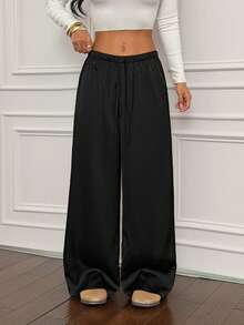 SHEIN PETITE Váy dài màu nâu marl đa năng, chất liệu satin cổ điển, lưng thấp dành cho nữ - màu đen - Xem 3