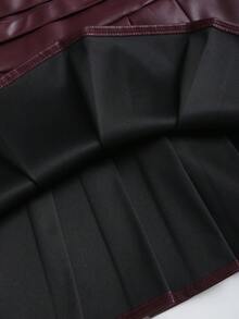 Sweetra 女士优雅复古性感风PU皮双腰褶皱A字超短裙，秋季款 - 酒紅色 - 查看 8