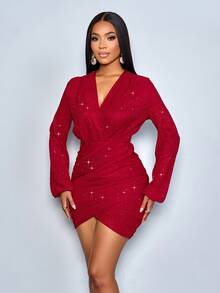 SOLERSUN Váy dạ hội thanh lịch, cổ chữ V tay bồng, xếp ly, màu trơn dành cho nữ, váy cưới thời trang - Đỏ - Xem 6