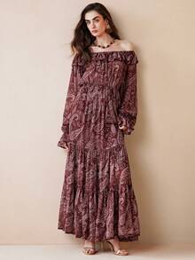 Arave 女士优雅雪纺吊带长袖喇叭袖收腰连衣裙，饰有腰果花印花 - 酒紅色 - 查看 8