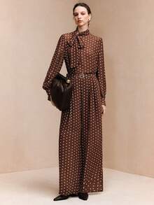 Arave Women's Pearl Chiffon Straight Leg Trouser Suit With Straight Shoulders, Fitted Waist, Stand Collar, Ribbon, And Puff Sleeves - Elegant Date Suit New Year Clothes New Year Outfit Polka Dot   Outfit Valentine's Day New Year - Coffee Brown - View 4