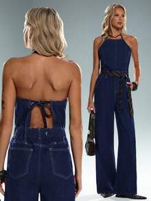 TRNVIE Fashionable Casual Sexy Backless Strap Denim Jumpsuit - Dark Wash - View 1