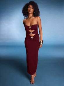 Normani Women's Autumn Metal Flower Decor Fitted Sexy Hollow Out Sleeveless Tube Top Jumpsuit Cut Out Maxi Dress Maroon Maxi Dress Strapless Maxi Dress Sexy Long Dress - Burgundy - View 2