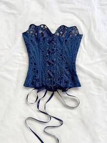 Soleia European & American Style Sexy Vacation Lace Double-Layer Corset Bustier, Hollow Embroidered Shapewear, Deep Blue - Royal Blue - View 2