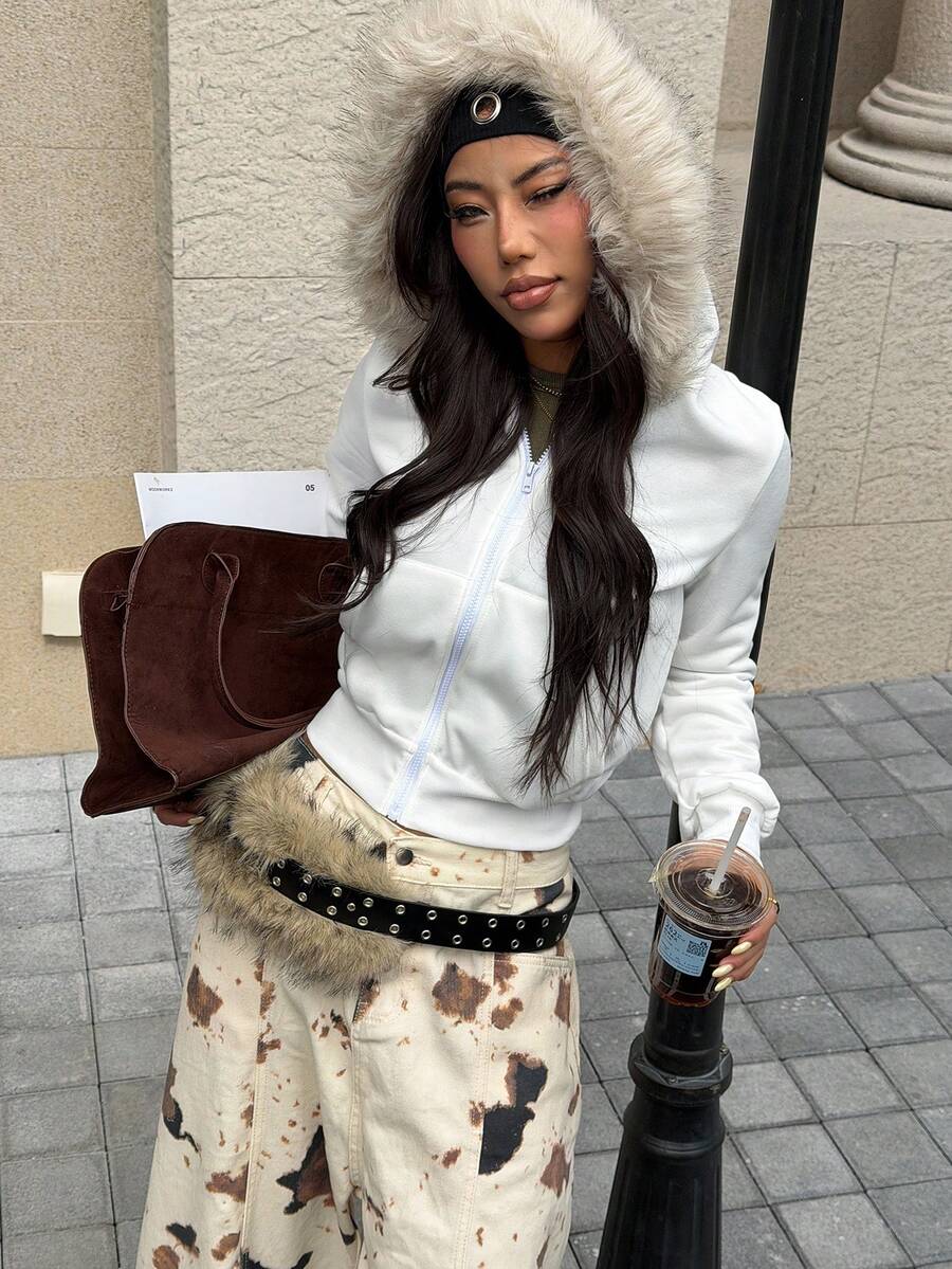 CovetEZ 女士休闲拉链蓬松连帽运动衫，秋季白色连帽衫