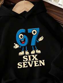 SHEIN 青少年男孩黑色長袖連帽衛衣，秋季開學街頭風 SIX SEVEN 數字圖案運動上衣，舒適休閒運動上衣 - 黑色 - 查看 5