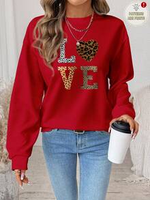 SHEIN LUNE Casual Minimalist Heart/Love Leopard Print Pattern Loose Fit Crew Neck Long Sleeve Sweatshirt For Women Valentine's Day - Multicolor - View 2