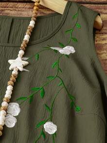 大码女式休闲度假刺绣无袖连衣裙 - 軍綠色 - 查看 4