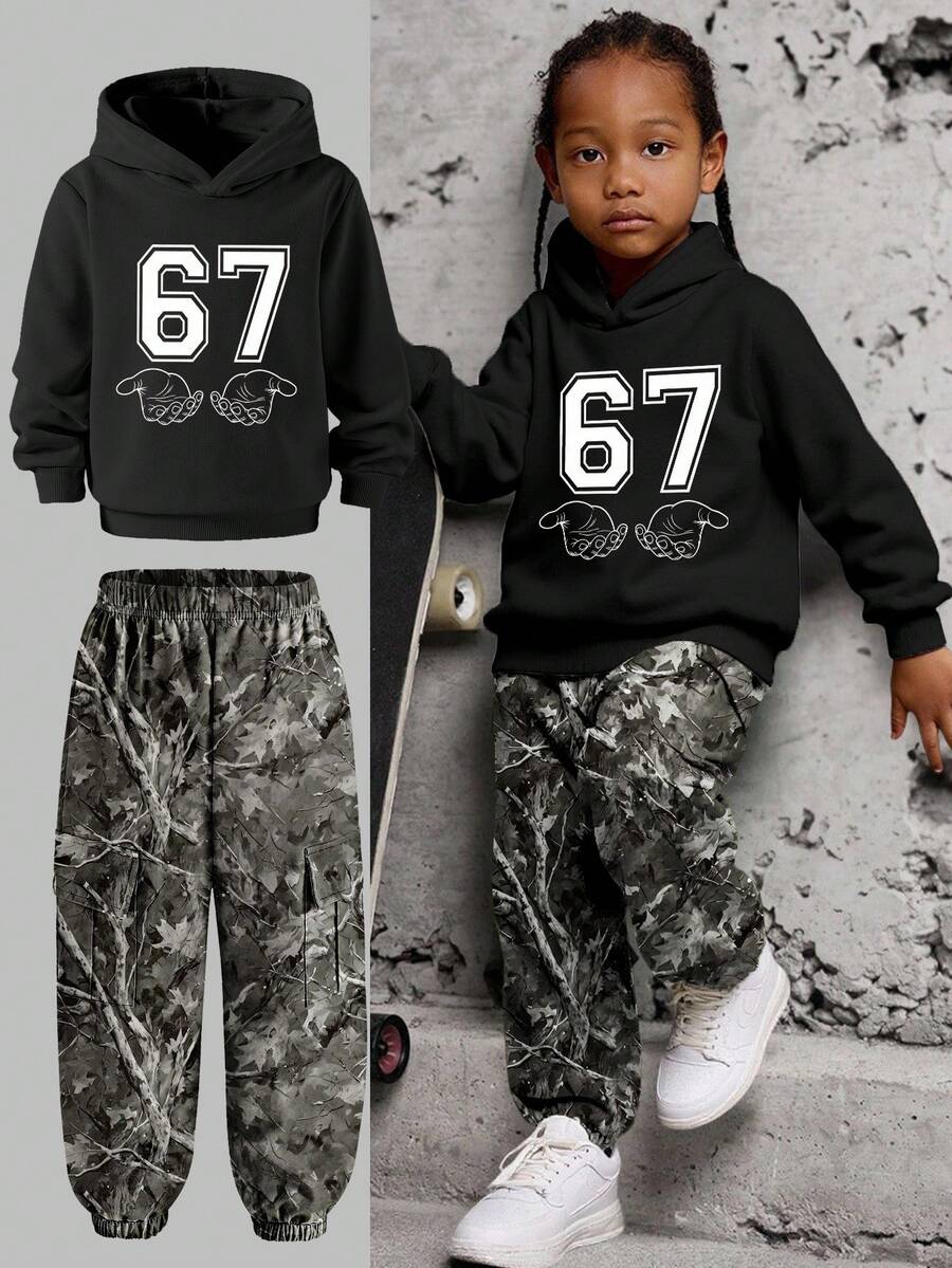 2pcs/Set Young Boys Hoodie & Cargo Pants Co-Ord Set, Black Graphic Print Pullover Sweatshirt And Camouflage Jogger Pants, Street Style Winter Outfit For Kids - Multicolor - View 1