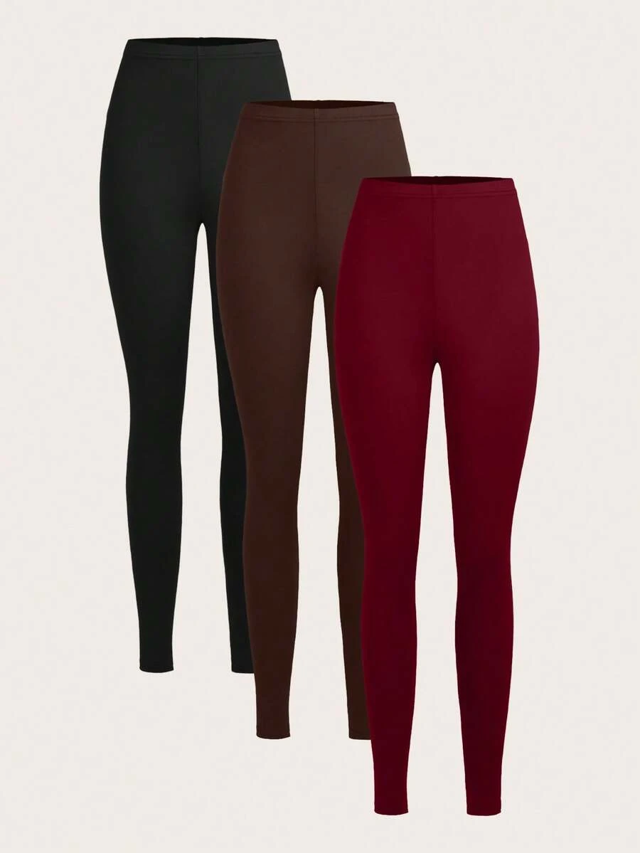 SHEIN EZwear 3件套休闲纯色高腰针织修身女士长款打底裤，春夏款 - 彩色 - 查看 1