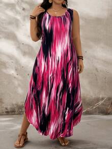 SHEIN CURVE+ 大码无袖圆领彩色抽象印花长裙，曲线加大码，Hoho Vacation，女士夏季服装，女士沙滩装/沙滩裙/沙滩度假装/沙滩必备/毕业典礼/下午茶派对连衣裙 - 彩色 - 查看 6