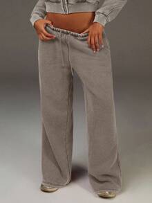 Women's Drawstring Waist Pockets Wide Leg Loose Sweatpants - Light Grey - View 1