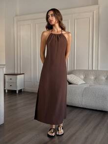 HautHeat Camisola Feminina de Cor Sólida com Franzido Lateral e Decote Halter - Café - Visão 3