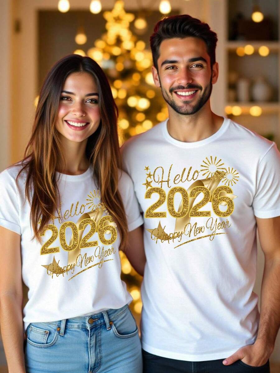 Manfinity Homme Unisex Happy New Year 2026 White T-Shirt, Holiday Golden Ribbon Element 2026 New Year Limited Edition Couple Crew Neck T-Shirt - White - View 1