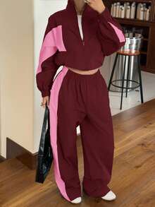 Muchica 两件套女士运动撞色拉链外套和阔腿裤宽松版型套装 - 彩色 - 查看 3