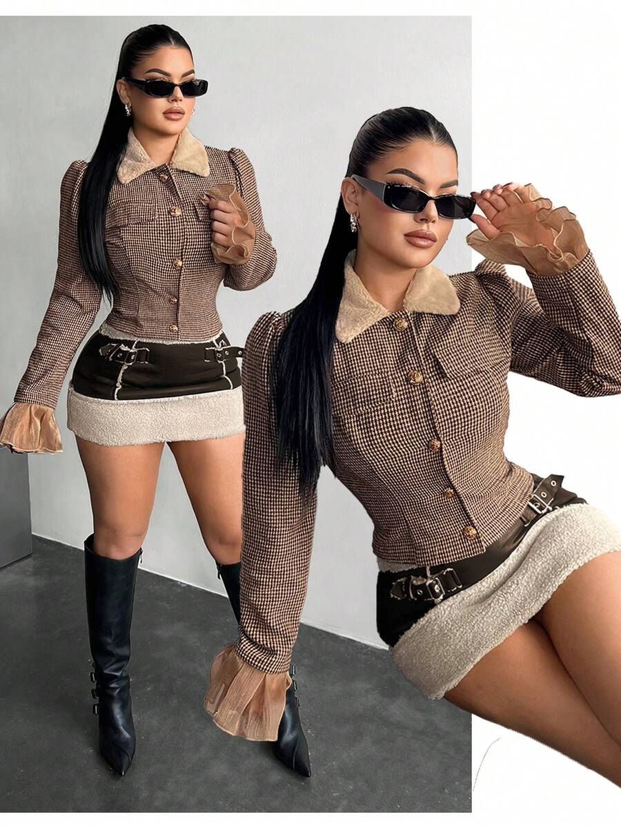 SHEIN SXY Women's Elegant Brown Plaid Autumn Winter Jacket,Houndstooth Collar Bubble Sleeve Single-Breasted Fitted Blazer,Office Business Casual Work Attire - Multicolor - View 1