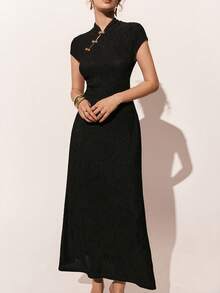 Poéselle Đầm dài vừa phải tay bồng trang trí khóa kim loại thanh lịch cho nữ - màu đen - Xem 8