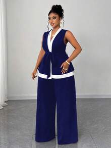 Maweii Plus Size Black & White Sleeveless Patchwork Commuting Chic 2 Pieces Set - Blue - View 4