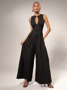 Hauture Bộ đồ liền thân không tay hở lưng phía trước ống rộng gợi cảm dành cho nữ - màu đen - Xem 3