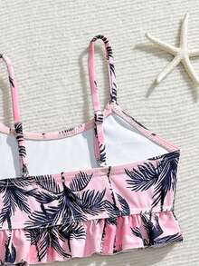 SHEIN Vintaside Kids 女童三件套针织树纹比基尼套装，包含纯色和印花背心上衣，时尚设计，可爱泳装，适合海滩、游泳、度假和夏季穿着。 - 粉色 - 查看 4