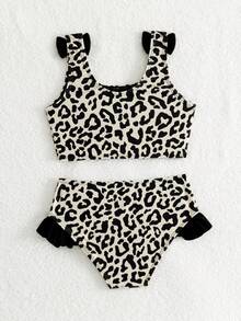 SHEIN 女童豹纹蝴蝶结装饰比基尼套装，可爱幼儿/女童两件式泳衣，适合海滩、泳池、派对 - 彩色 - 查看 3