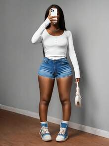 Slaydiva New Spring/Summer Music Festival, Valentine's Day Casual Basic Y2K Streetwear Sexy Loungewear, Women U-Neck Half-Open Waist Ruched Fitted White Ribbed Knit Bodysuit White One Piece Bodysuit White Body Suit Sexy Bodysuit White Top Women's Gym Clothes - White - View 8