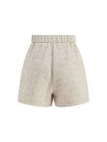 Editum 女士V领开衫收腰卡其色粗花呢亚麻质感无袖背心短裤套装，优雅日常穿着，通勤，秋冬季及早春皆宜 - 卡其色 - 查看 11