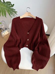 SHEIN EZwear Plus Size Rose Red V-Neck Button Front Casual Long Sleeve Cardigan/Winter - Rose Red - View 1