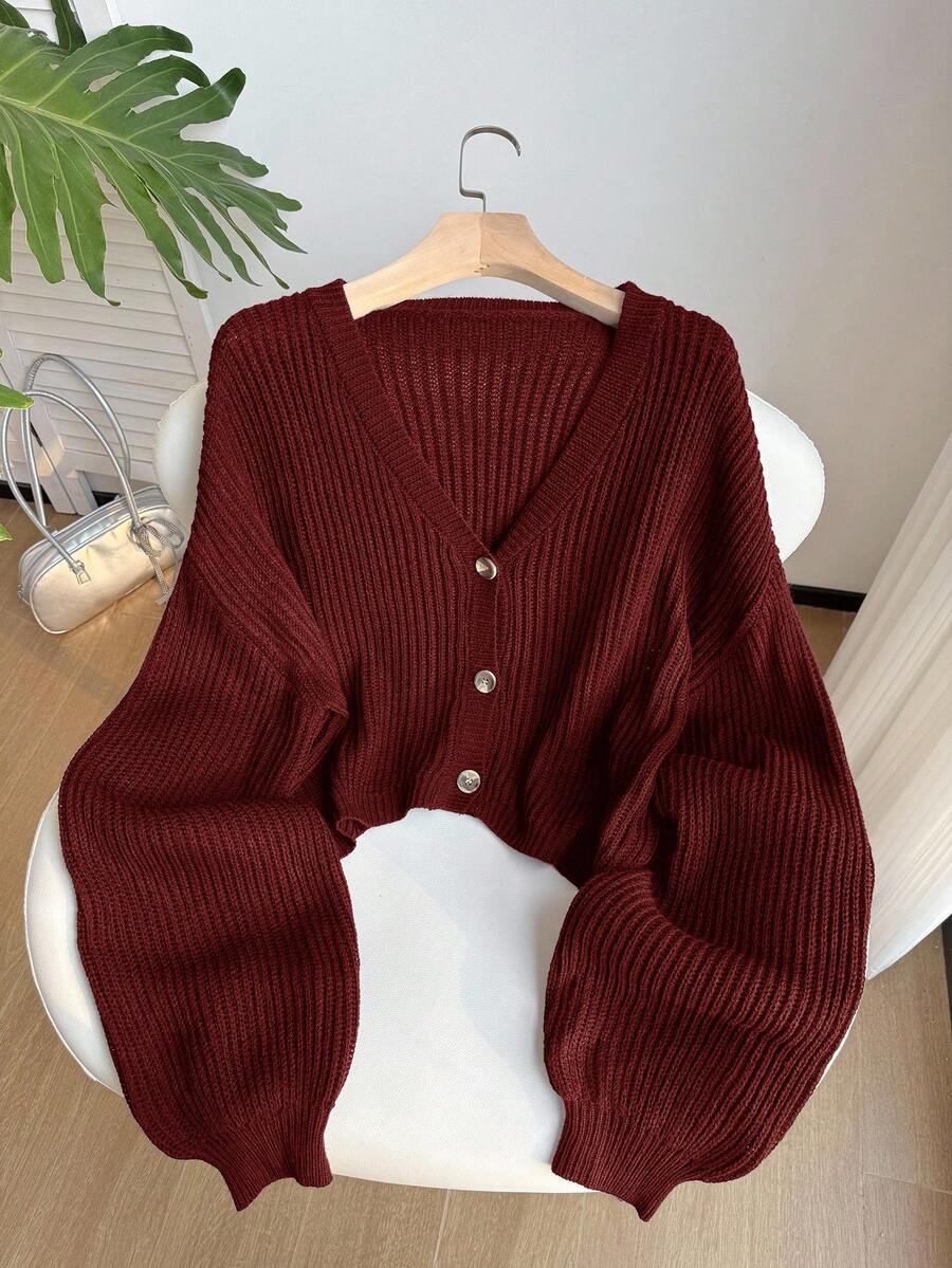 SHEIN EZwear Plus Size Rose Red V-Neck Button Front Casual Long Sleeve Cardigan/Winter - Rose Red - View 1