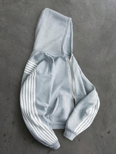 Manfinity Campus Court Aesthetic Post--Men's Street-Style Bestselling 6-Stripe Patchwork Casual Hoodie, Suitable For Outdoor Music Festivals, Daily Outings, Hangouts With Friends, Gifts For Boyfriend/Husband, Anniversary Gifts, Light Grey Striped Sleeve Zip Up Grey Hoodie