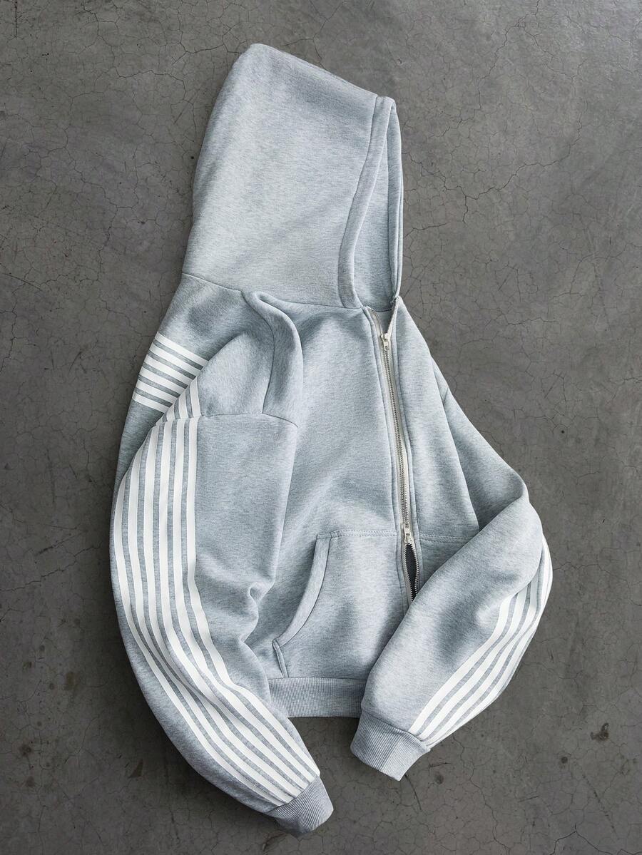 Manfinity Campus Court Aesthetic Post--Men's Street-Style Bestselling 6-Stripe Patchwork Casual Hoodie, Suitable For Outdoor Music Festivals, Daily Outings, Hangouts With Friends, Gifts For Boyfriend/Husband, Anniversary Gifts, Light Grey Striped Sleeve Zip Up Grey Hoodie - Light Grey - View 1