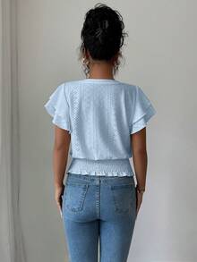 Elenzga Women's Summer Casual Vacation Jacquard Round Neck Ruffle Sleeve T-Shirt - Baby Blue - View 2