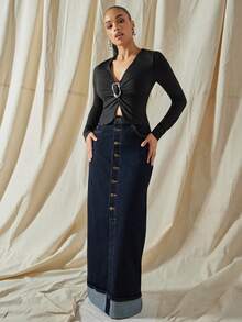 Vixey High Waist Cuffed Hem Button Up Maxi Denim Skirt With Stretch - Dark Wash - View 3