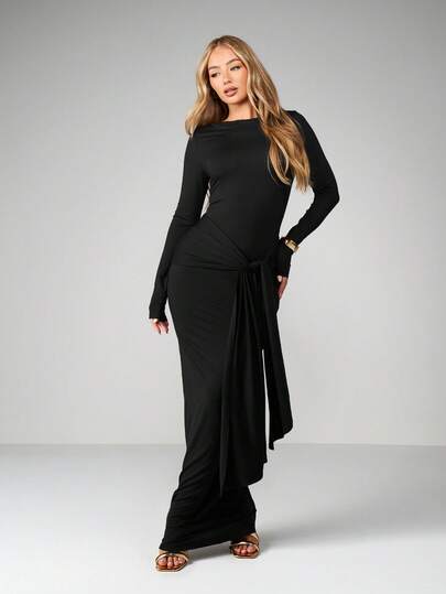 MISSGUIDED Women Long Sleeve Maxi Dress With Side Tie Waist Detail Casual Floor Length Bodycon Dress For Fall Winter