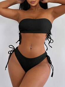 Swim SXY Bộ bikini quây dây màu trơn có quần bơi dành cho nữ, đi biển mùa hè - màu đen - Xem 1