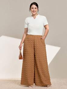 Momelise Plus Size Solid Color Elastic Waist Pockets Casual Loose Fit Wide Leg Pants - Coffee Brown - View 5